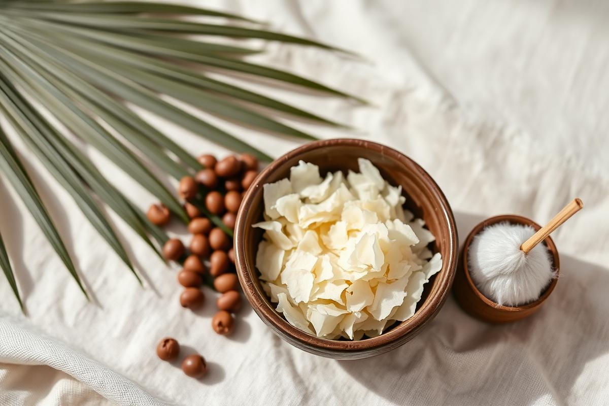 Cera natural de soya y palma en escamas dentro de un bol de cerámica